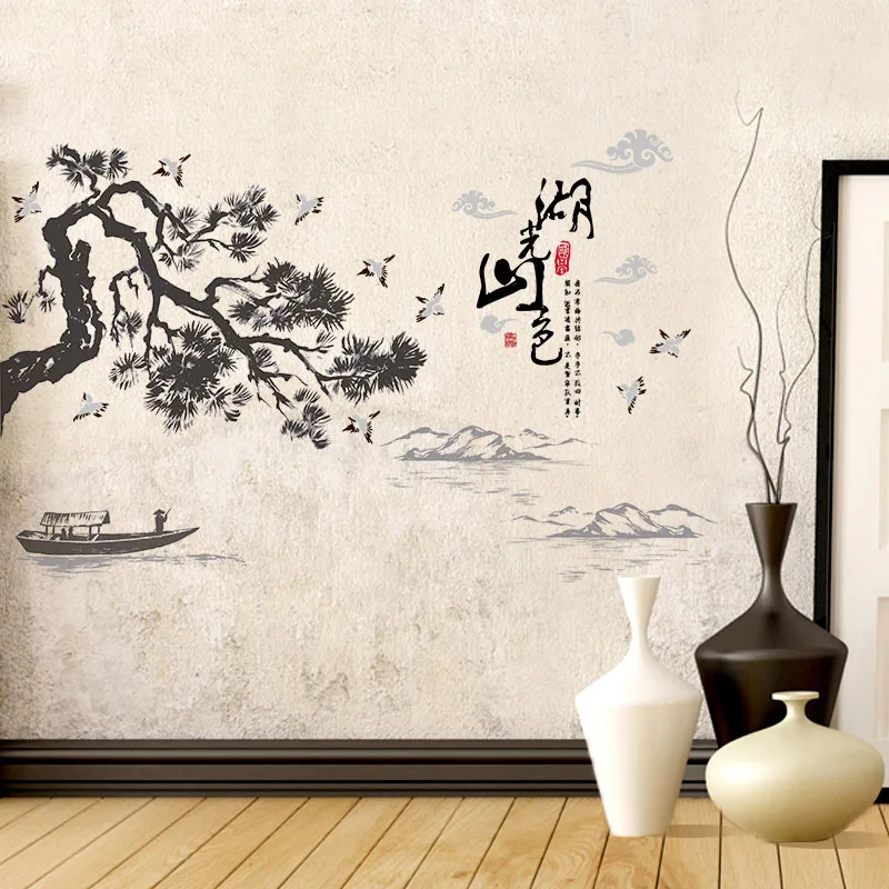 [Fundecoration] настенные наклейки в китайском стиле горы озера пейзаж живопись