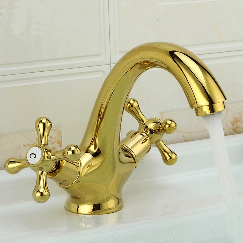 Antique bathroom sink basin faucet hot and cold, Gold plated