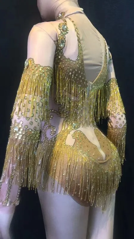 2018 Sparkly Crystals Stretch Fringes Bodysuit Women's Party Evening Celebrate Tassel Costume Outfit Singer Dance Stage Show Wea