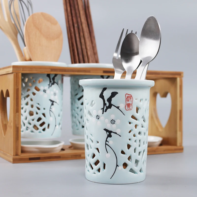 Japanese-style Hollow Ceramic Art Chopsticks Storage Holder Home Tableware Accessories Spoon Fork Knife Cylinder with Wood Shelf | Дом и сад
