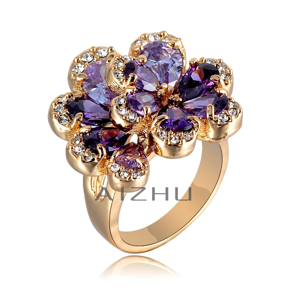 Free Shipping Charms Flower Shape Purple Zircon Women Rings Jewelry 18K Gold Plated Crystal Wedding Ring Size 5.5-10 | Украшения и