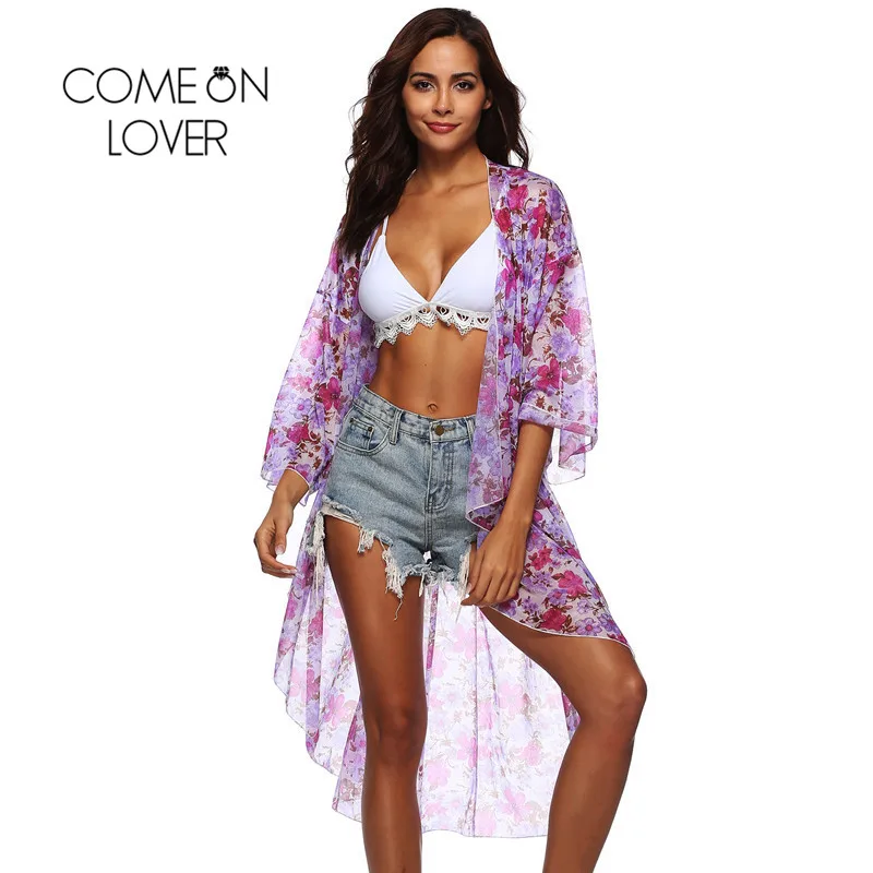 Comeonlover Boho кружевное кимоно кардиган Пляжная накидка открытая стежка шифоновый