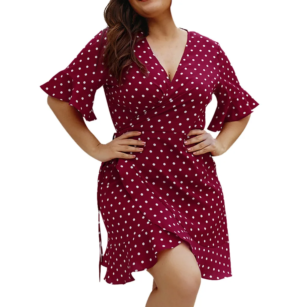 Женская с короткими рукавами v-образным вырезом в горошек мини-платье летнее