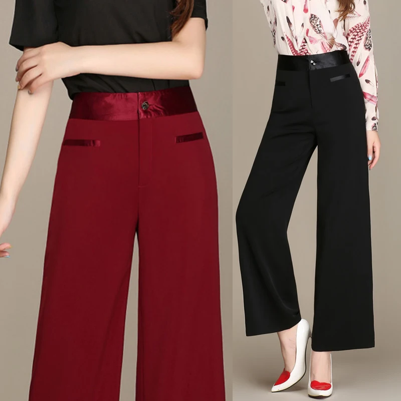 Summer Spring Fashion Woman Female Patchwork Wine Red Black Wide Leg Straight Pants , Casual High Waisted Trousers For Women