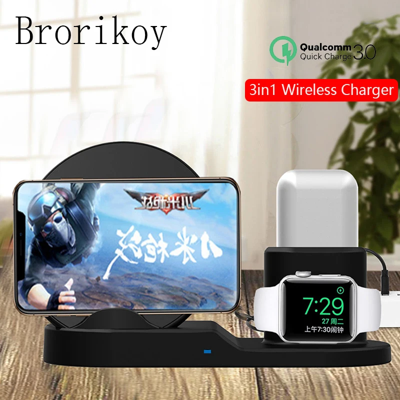 Qi 3 в 1 беспроводной мобильный телефон Быстрая зарядка подставка для iPhone Airpods Apple Watch Зарядное устройство Док-станция для iWatch 1 2 3 4 зарядное устройство s