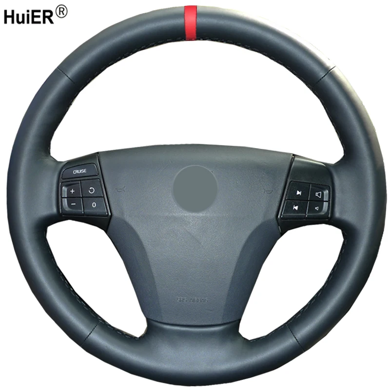 

HuiER Hand Sewing Car Steering Wheel Cover Breathable Red Marker For Volvo S40 2006-2012 V50 2005-2011 Automobile Car Protector