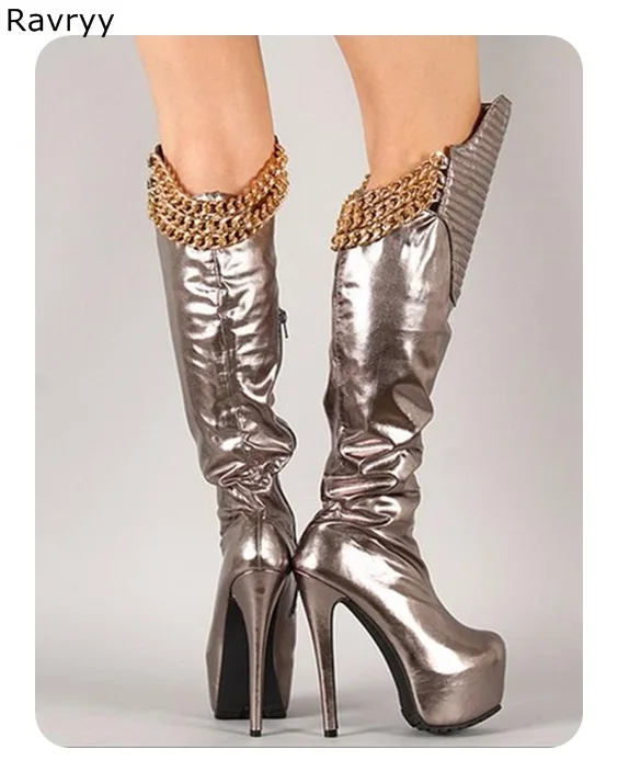 Новое поступление 2018 женские длинные сапоги оловянного цвета до колена на