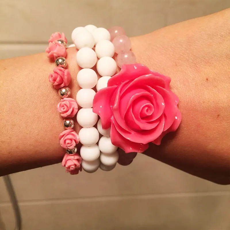 Boho Women Jewelry Pink Stone White Matte Beads With Coral Rose Charm Woven Bracelet Set | Украшения и аксессуары