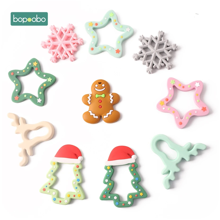 Bopoobo 1pc Silicone Snowflak Teether Christmas Tree Pendant Star Christmas Deer Gifts For Baby Elk Gingerbread MansBaby Teether