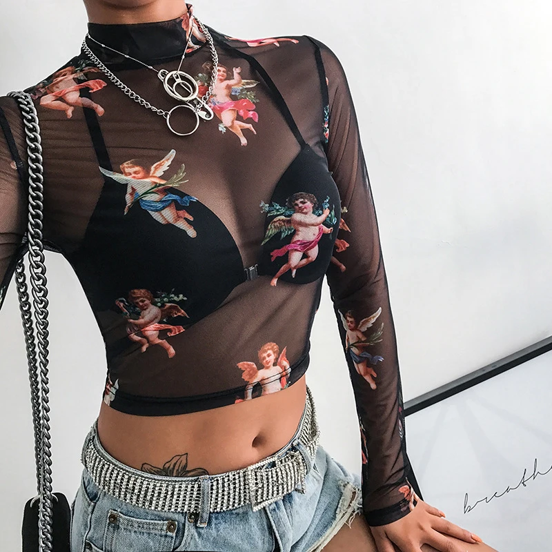 Women See Through Transparent Mesh Tops Long Sleeve Sheer Slim Ladies Sexy T-Shirt 2020 New Arrival T Shirt Camiseta | Женская одежда