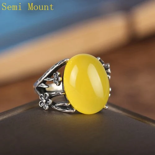 Art Nouveau Vintage 925 Silver Flower Ring Semi Mount 12x15mm Oval Cabochon Amber Agate Opal Fine Jewelry Setting DIY Stone | Украшения и