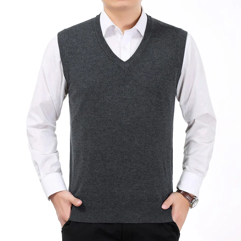 Spring Autumn Men Kintted Vest Woollen Blends Waist Coat Man Casual V-neck Vests Male Sleeveless Weskit Plain Textured Gilet | Мужская