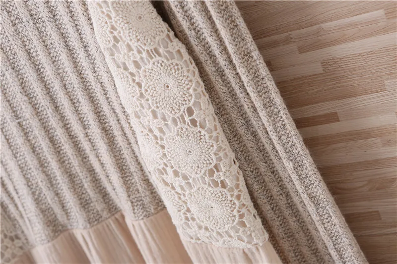 Women Retro Spring and Autumn Rural Style O Necked Long Sleeve Dress Knitting Patchwork Cotton Lace Dresses Y03567 | Женская одежда