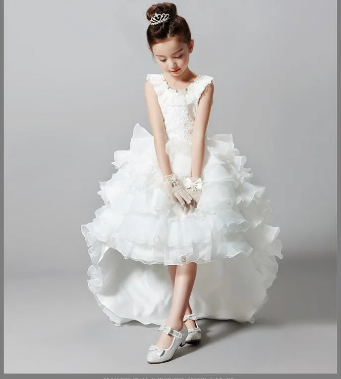 

Glitz White Princess Flower Girl Dresses For Weddings Kid Girls Party Pageant Dress With Long Train For Little Girls Birthday