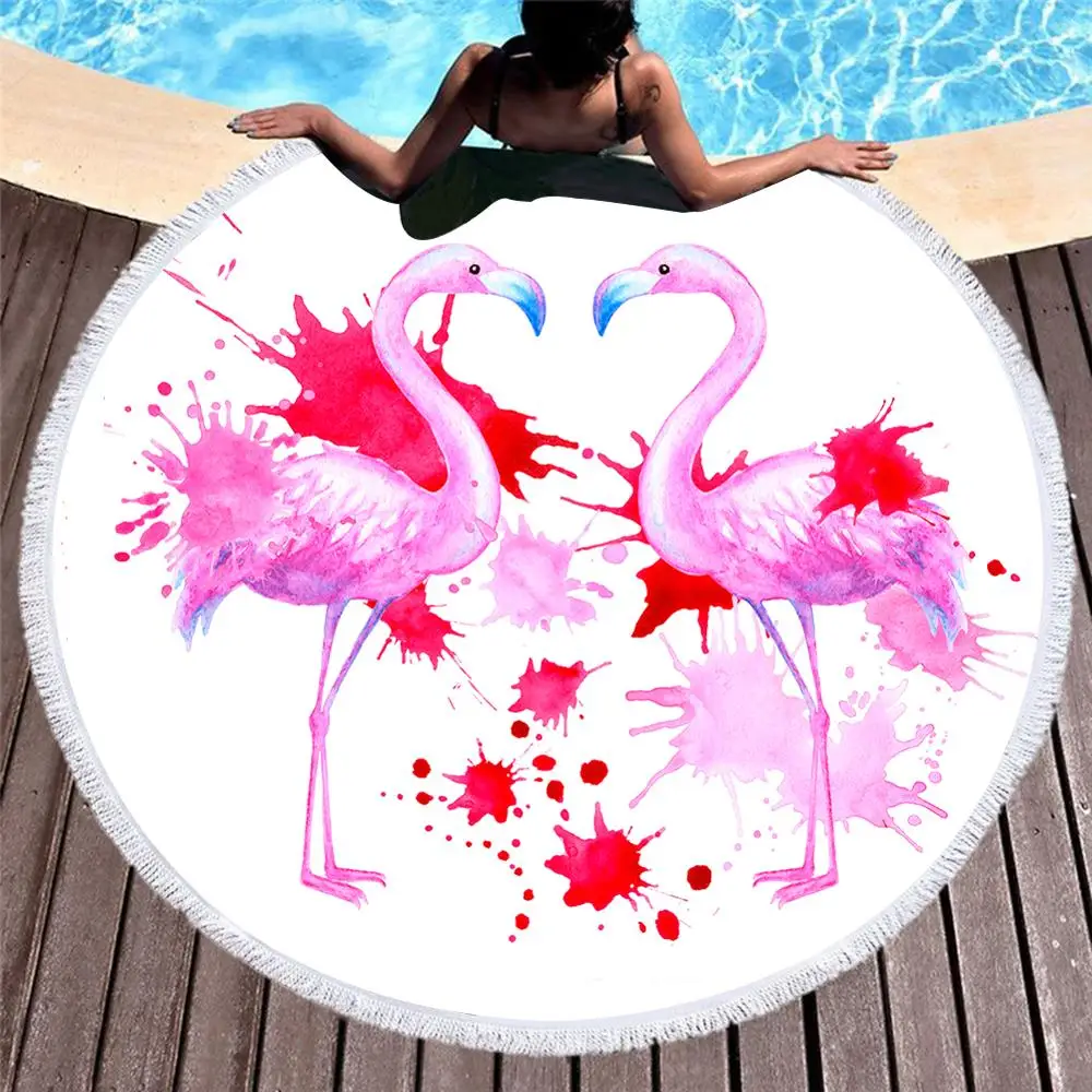Пляжное полотенце с фламинго женское летнее круглое банное из микрофибры
