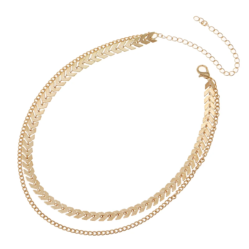Skute Fashion Double Layer Flat Chain Choker Necklaces Gold Color V Shape Sequins Fishbone Airplane Necklaces for Women Jewelry