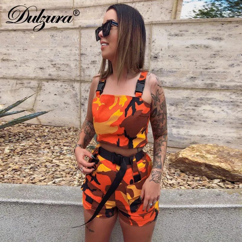 Dulzura summer women two piece set shorts set camouflage streetwear crop top outfit cargo pocket tracksuit 2 piece clothes