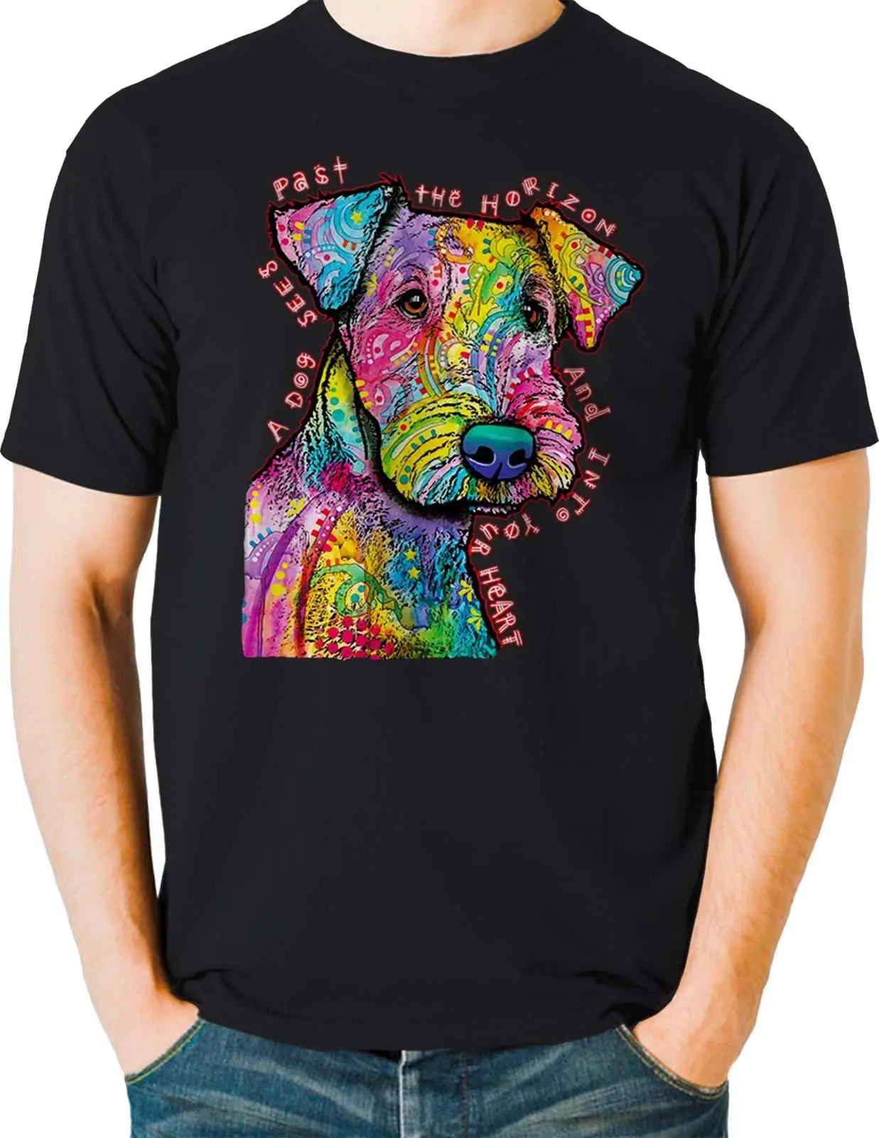 

Cute Terrier A Dog Sees Past The Horizon Neon Colors Puppy Funny Design Men's 100% Cotton O-Neck Tees S-3XL