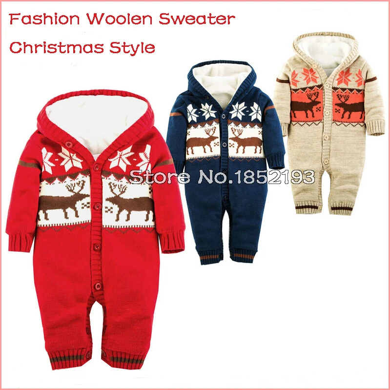 2016 Christmas Elk Baby Winter jumpsuits Newborn brand baby snowsuit warming thicken coral velvet Woolen sweater rompers Outwear | Детская
