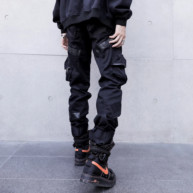 Men personality Leather Pocket Splice Slim fit Joggers Casual Harem Cargo Pants Fashions Streetwear male Hip Hop Sweatpants | Мужская