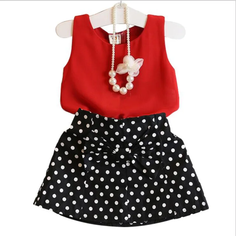 Новинка 2019 летние комплекты для девочек одежды Красный шифоновый топ без рукавов