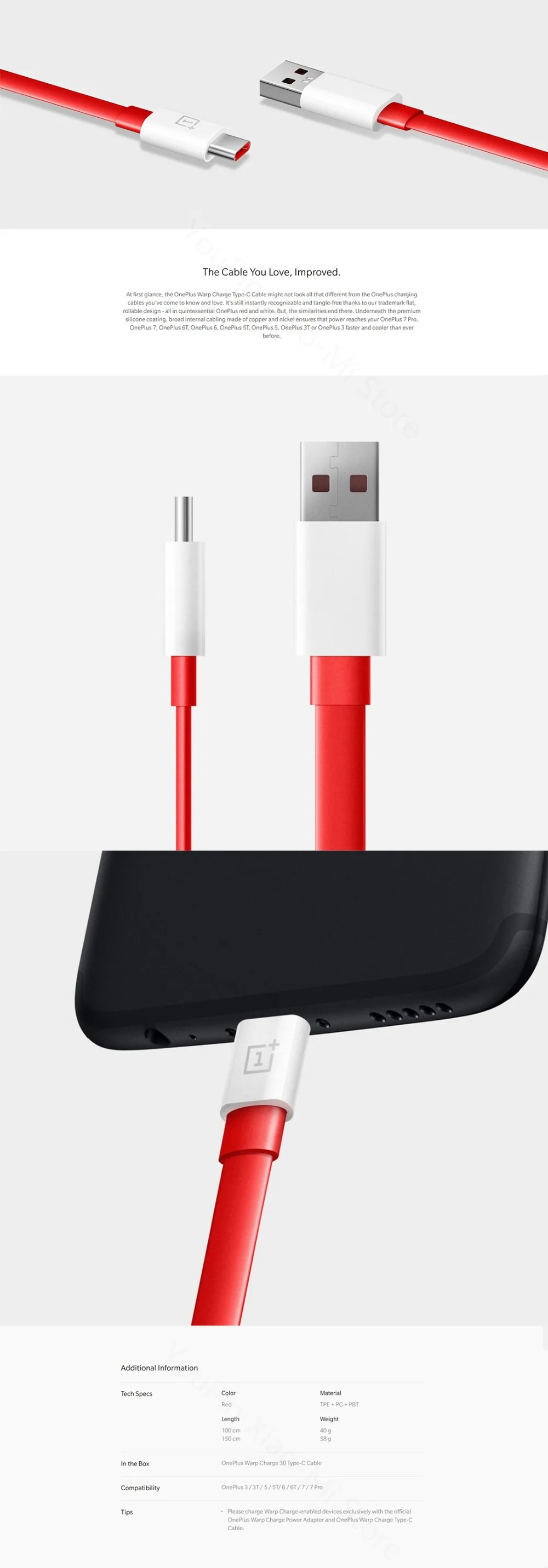 NEWOriginal OnePlus Warp Cable 30W 100CM/150CM de USB tipo C Cable de datos de carga r&aacute;pida para Oneplus 7Pro/7/6T/6 5/5T/5/3T/3-4