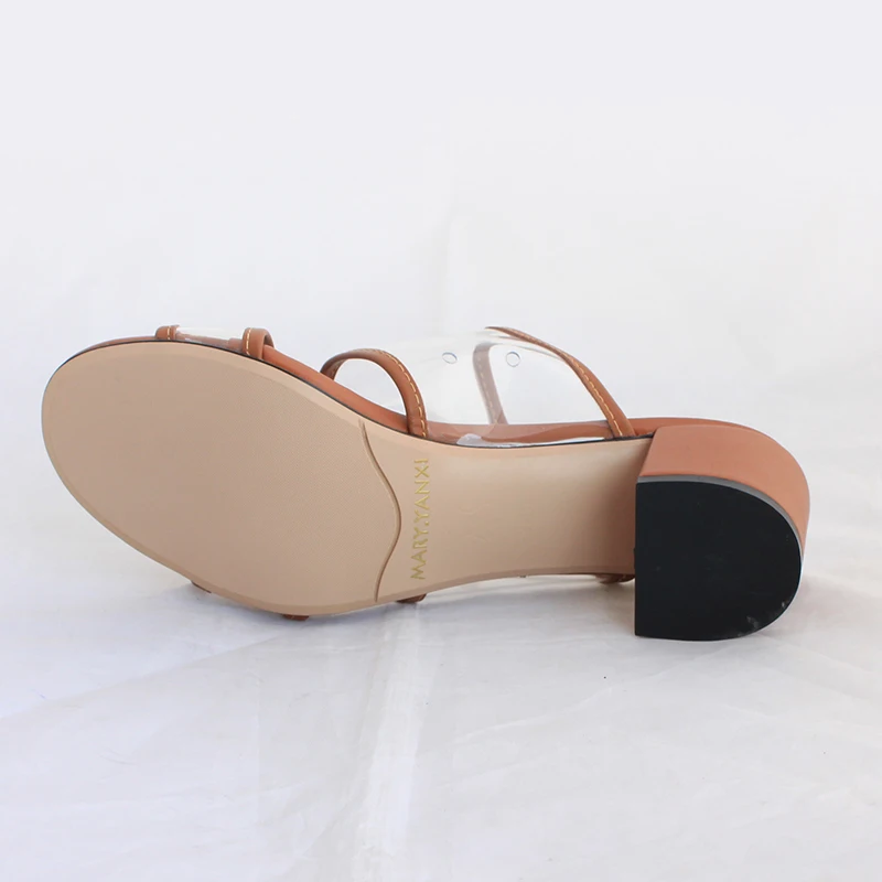 

Summer Women Lazy Shoes Sandals Slippers Slides Genuine Leather Transparent Fashion Casual Square Med Heels Slip-on Big Size