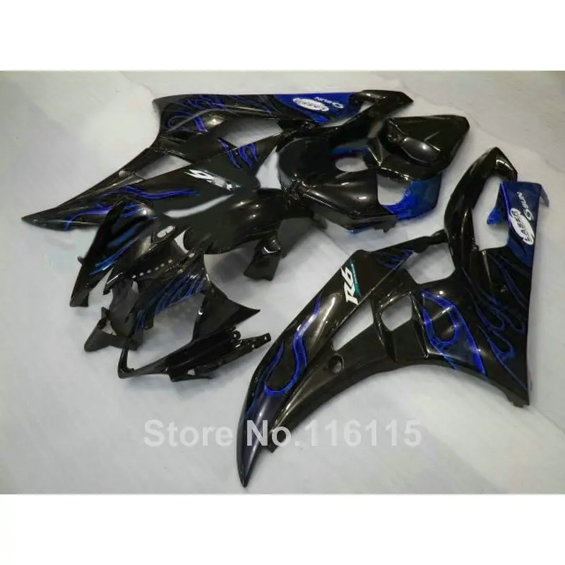 Литье под давлением ABS обтекатель комплект для YAMAHA YZF R6 2006 2007 Синий Пламя в черном