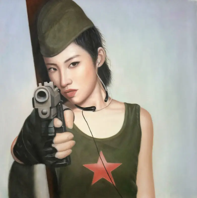 100% ручная роспись картина маслом на холсте привлекательная девушка с пистолетом