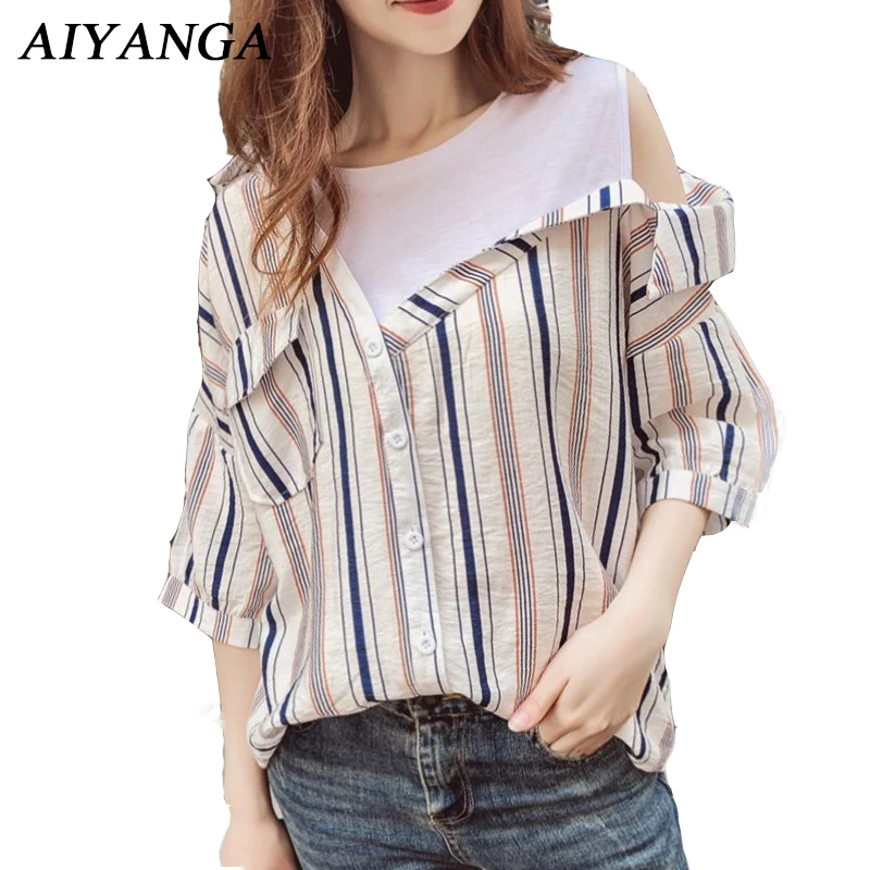 2018 женские блузки в полоску из искусственного материала 2 предмета летние