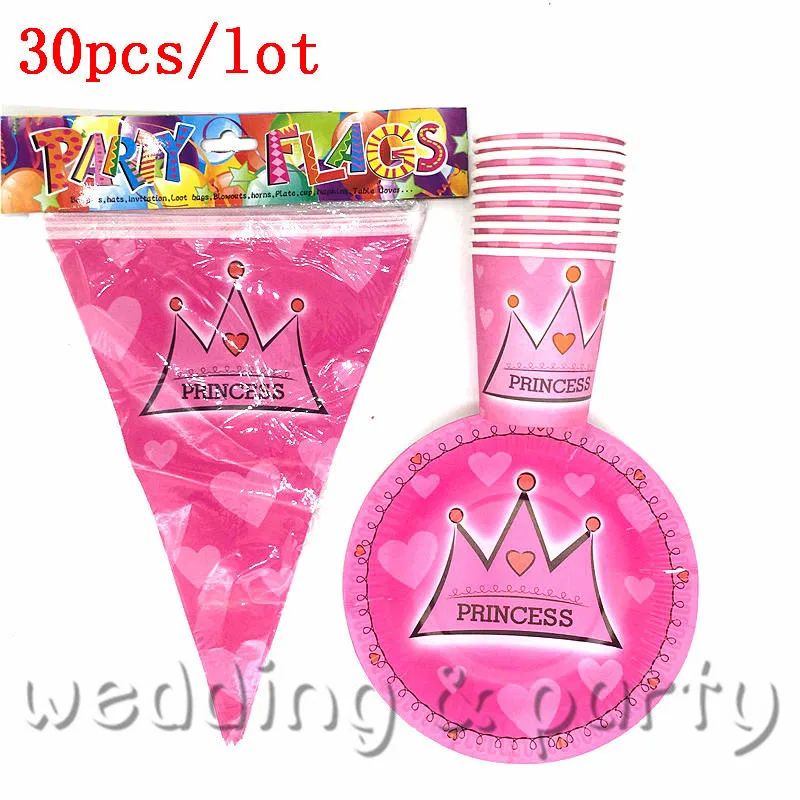 30 шт принцесса розовая корона Дети День рождения тарелки чашки Флаги партии