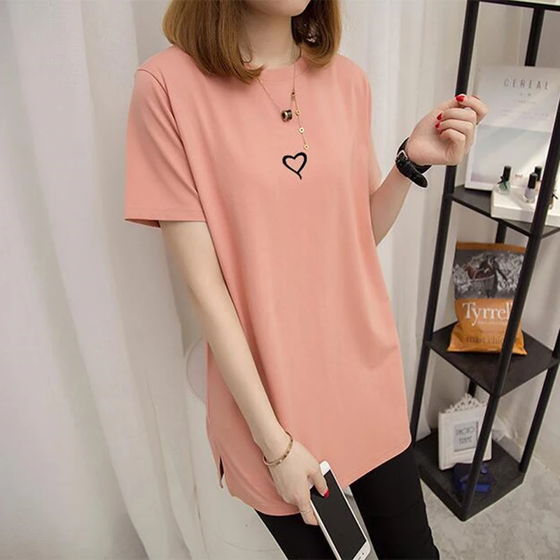 Летняя длинная футболка свободная повседневная с принтом сердца большие размеры