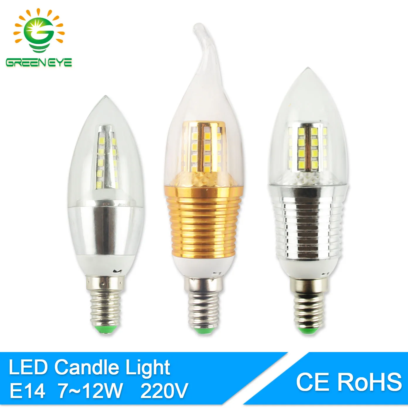 GreenEye светодиодный лампы E14 220V золотого серебряного цвета Алюминий в форме свечи