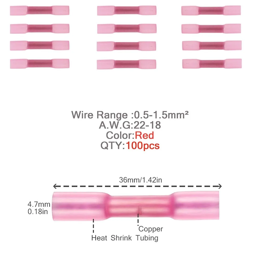 100 шт. 26-24AWG 22-18AWG 16-14AWG изолированный термоусадочный стыковой провод электрический обжимной разъем