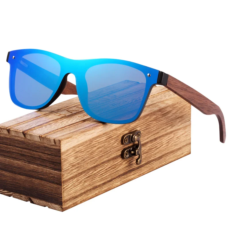Blue Walnut temples BARCUR, модные деревянные солнцезащитные очки для мужчин, бамбуковые дужки, солнцезащитные очки для женщин, деревянные очки Oculos de sol masculino - Цвет линз: Blue Walnut temples