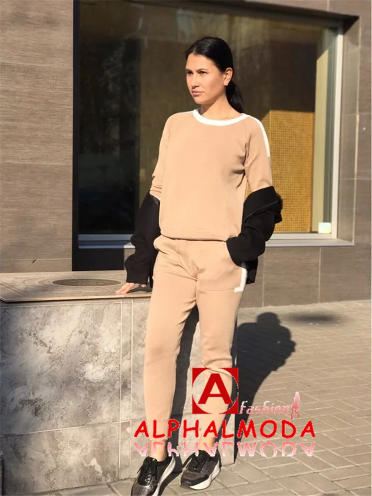 ALPHALMODA осенне-зимние женские вязаные штаны и свитер, комплекты одежды из 2 предметов, пуловеры с круглым вырезом, цветные трикотажные комплекты с карманами