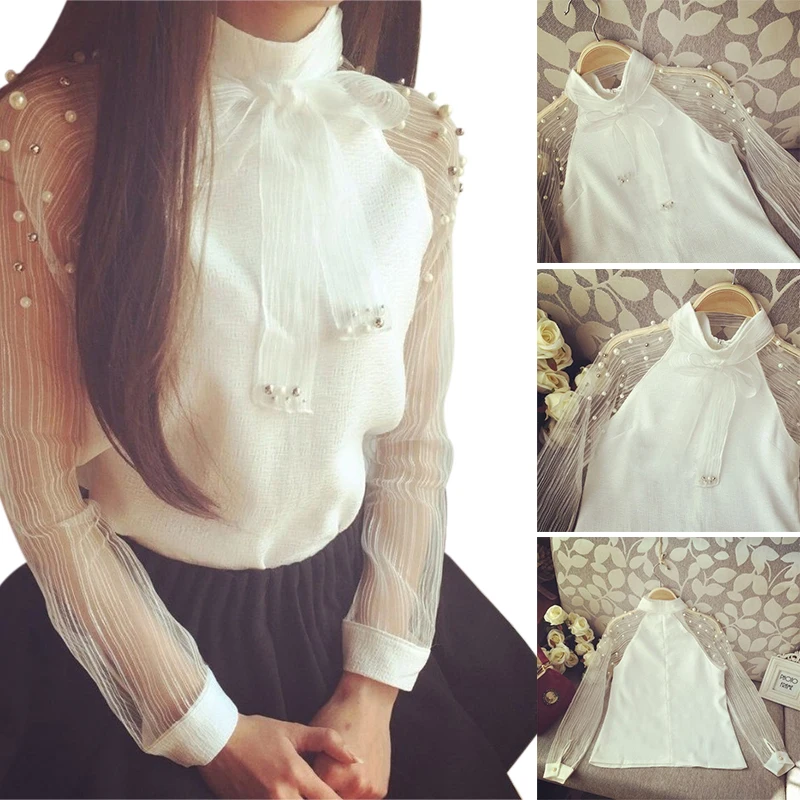 Женская шифоновая блузка с бантом и жемчугом| |