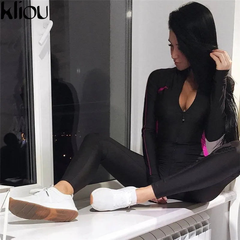 Kliou женский модный облегающий эластичный длинный боди комбинезон с длинным рукавом с воротником на молнии спортивный костюм