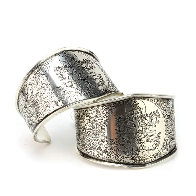 

BB-100 Tibetan TARA Amulet Bangle White Metal Copper Open Cuff Bangle