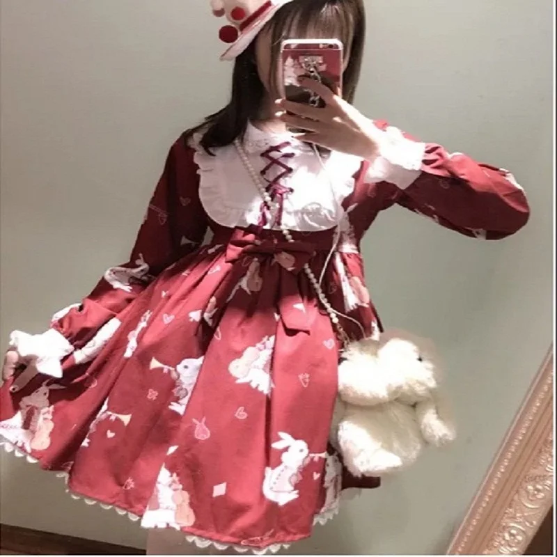 Женское платье в японском стиле с длинным рукавом и принтом кролика | Женская