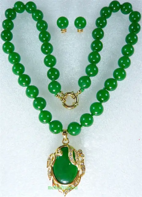 

Noblest 10mm green jade necklace &18KGP pendant earring set