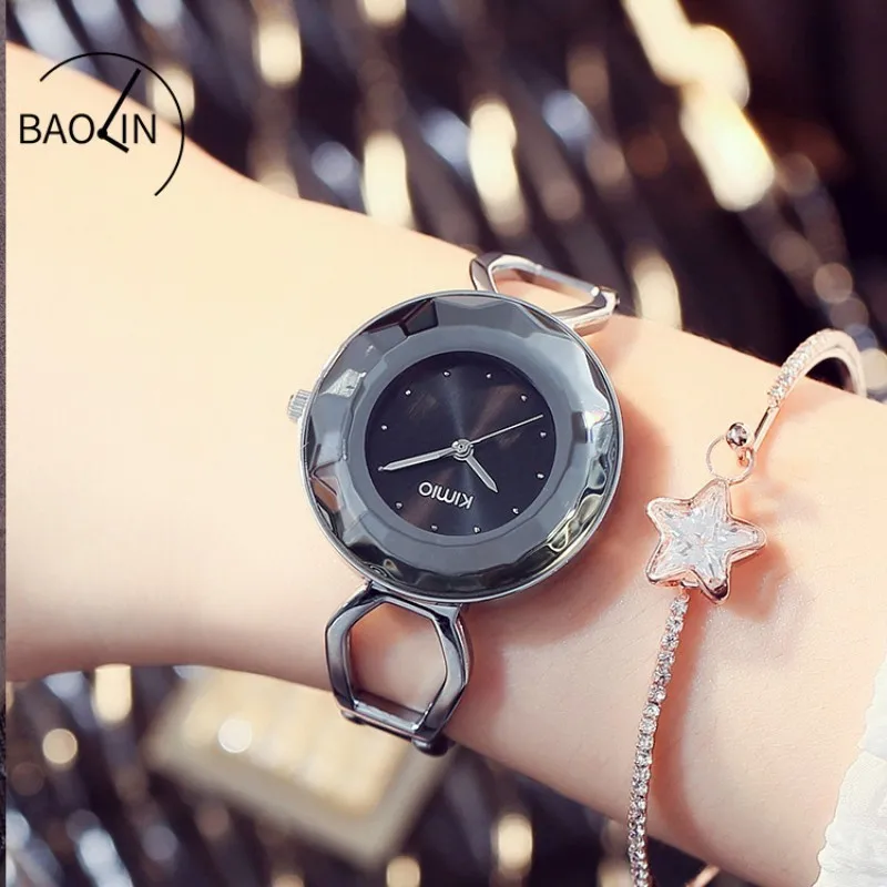 KIMIO в форме летающей тарелки Кристалл Стекло черные женские часы браслет