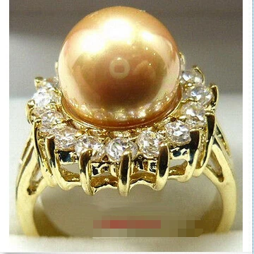 

Yellow Golden/Black South Sea Shell Pearl Crystal Ring Size:6.7.8.9