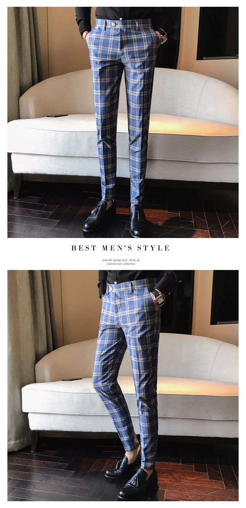 Для мужчин Брюки Slim Fit Формальные Бизнес штаны в клетку Для мужчин Pantalon Carreau Homme Винтаж проверьте костюм брюки Свадебные брюки