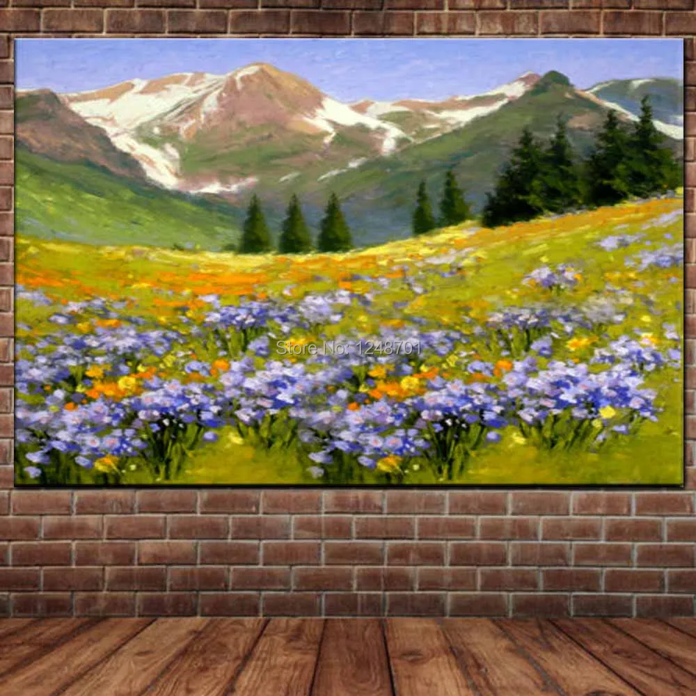 Ручная роспись Абстрактная импасто Цветочное поле Горный пейзаж картина маслом