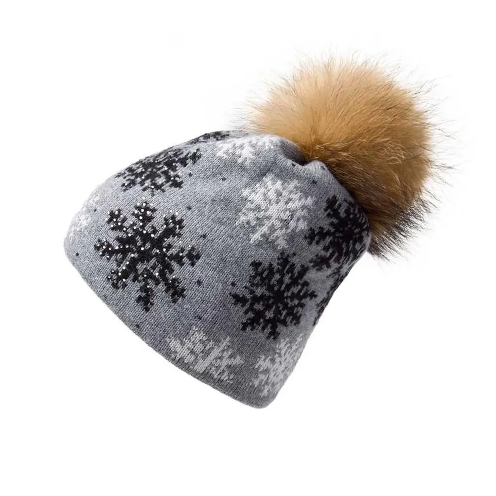 Gray(gold pompom) Кашемировая шапочка большого размера с помпоном из натурального меха для женщин, зимняя теплая шапка-помпон с принтом снежинки Fur Story 17602 - Цвет: Gray(gold pompom)