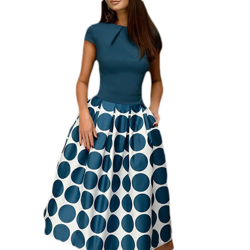 Женское винтажное платье в горошек лоскутное с оборками коротким рукавом и