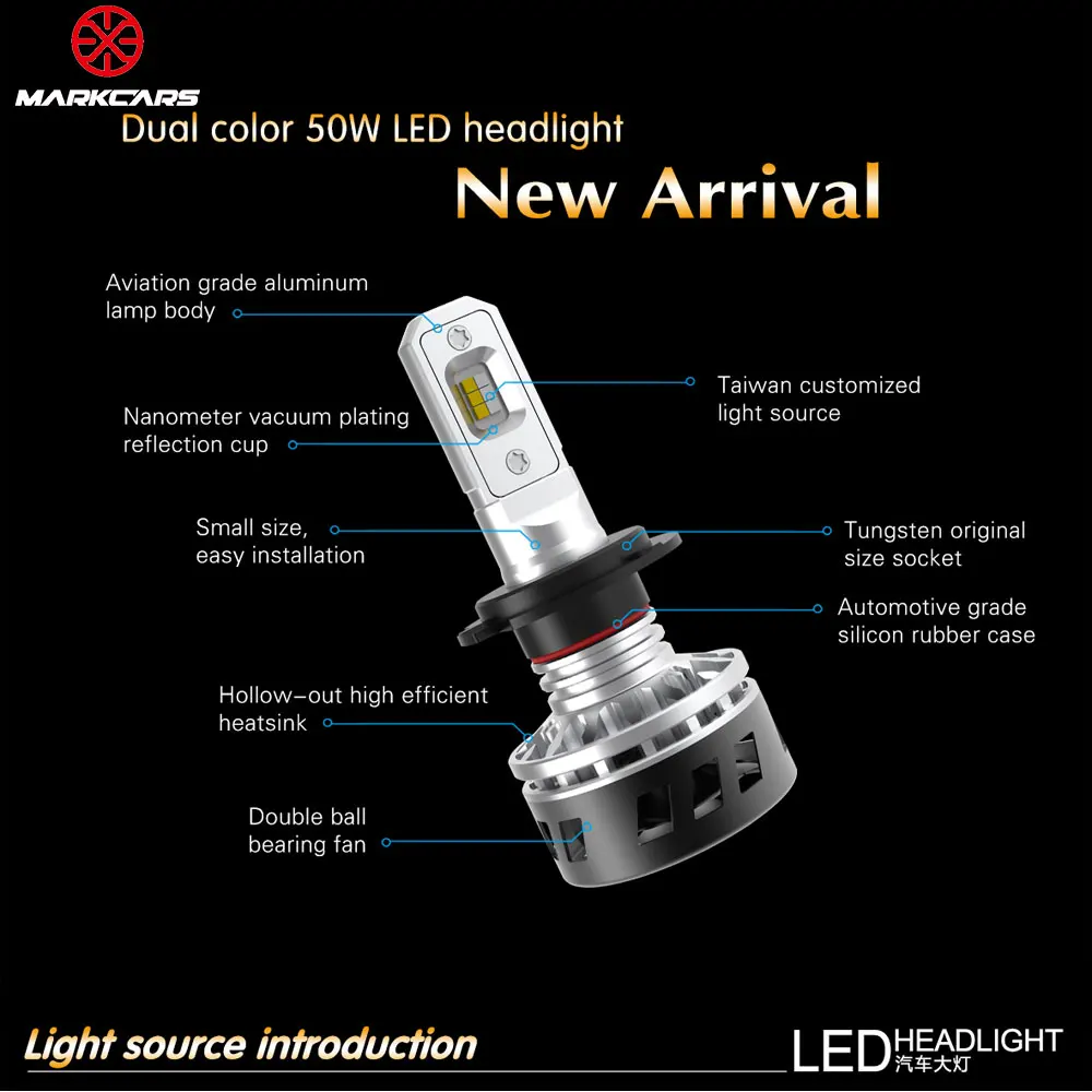 MARKCARS F2 H4 H7 LED Car Headlight 9006 9007 9012 H16 Pure White&Yellow Dual Color Light Auto Lamp Fog 10000LM 50W 12V | Автомобили и