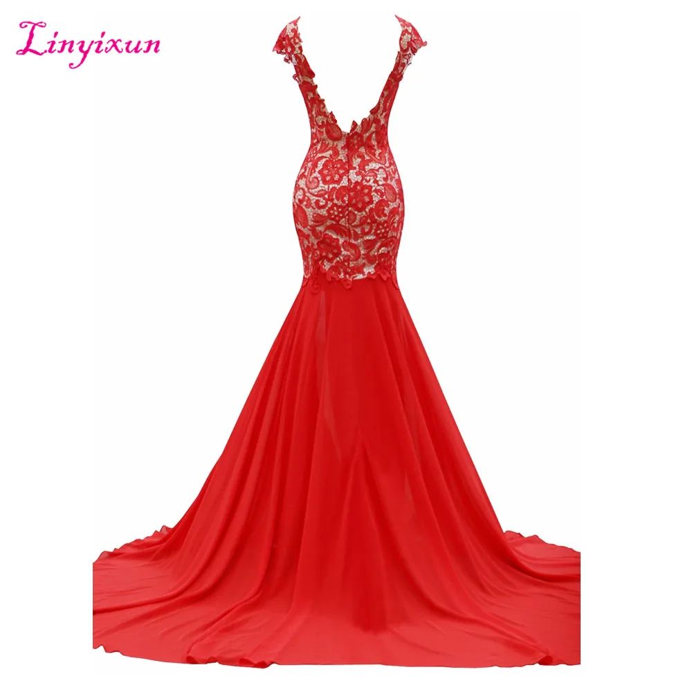 Linyixun реальные фото Русалка Вечерние платья 2017 Vestido de festa с коротким рукавом