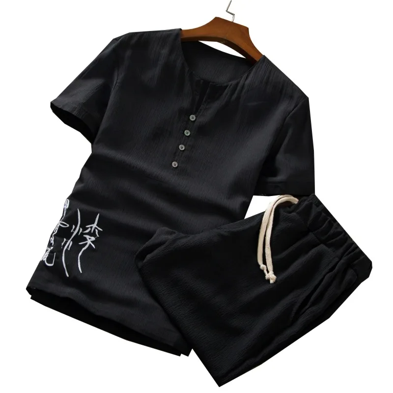 T Shirts Shorts Summer Brand Tshirt Men Light Breathable Casual Beach Set M-5XL linen T-shirt Suit Male Fashion men | Мужская одежда